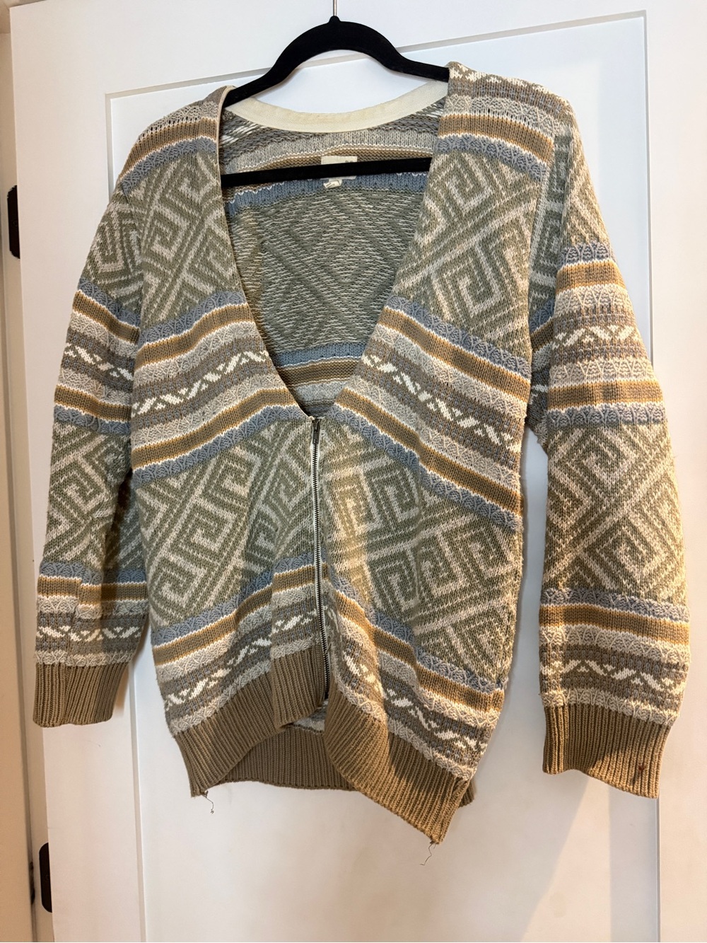 Olive Green Patterned Zip-Front Women's Cardigan Sweater
